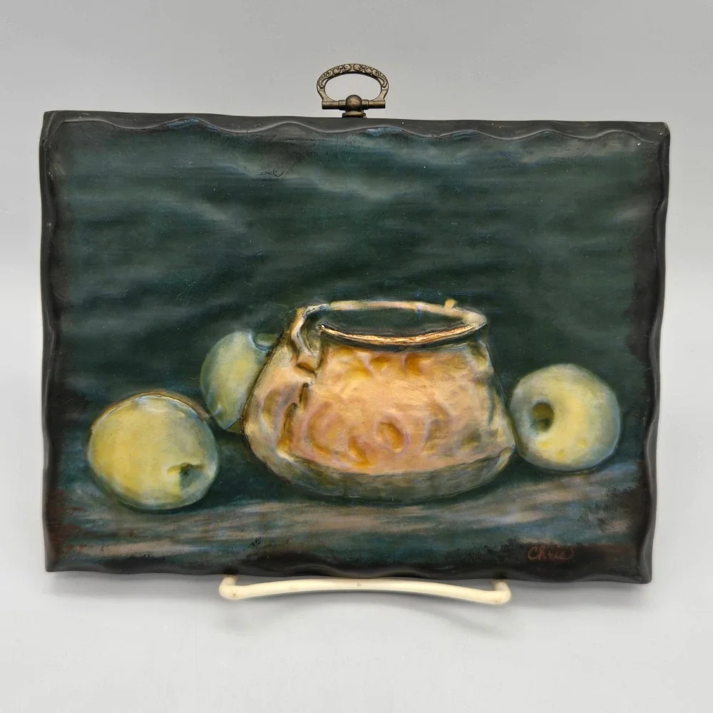 Vintage Dark Moody Still Life Wall Art Plaque Copper Pot and Apples in Relief